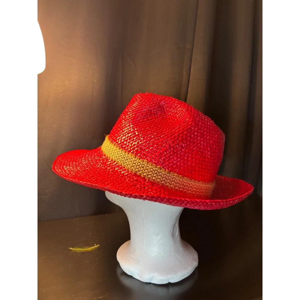Vintage Red Woven Straw Fedora Hat with Yellow Feather and Buckle Detail